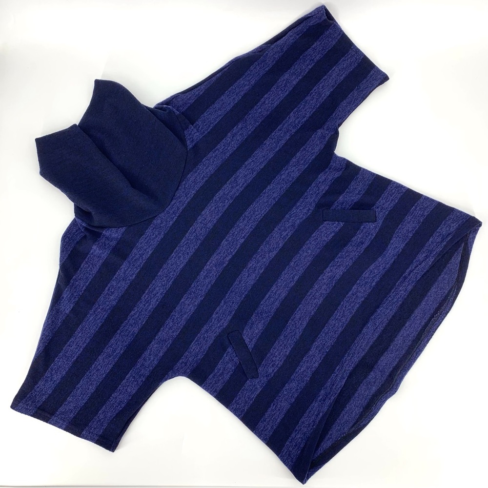 Michael Tyler Navy and Purple Striped Cowl Neck Short Sleeve Sweater, Large